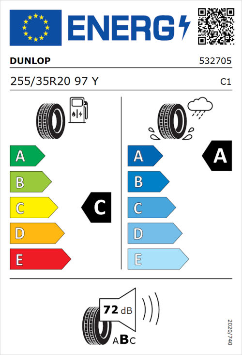 Tyre Label for Dunlop SP Sport Maxx RT 2 255/35R20 97Y