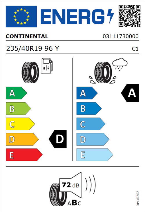 Tyre Label for Continental ContiSportContact 5 235/40R19 96Y