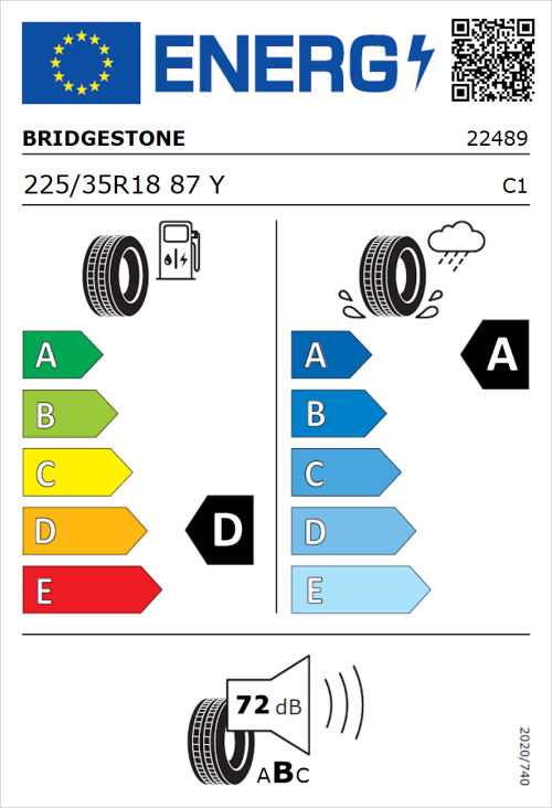 Tyre Label for Bridgestone Potenza Sport 225/35R18 87Y
