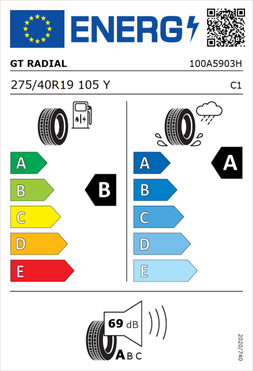 Tyre Label for GT Radial SportActive 2 275/40R19 105Y