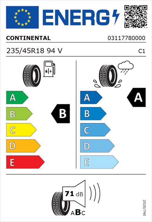 Tyre Label for Continental PremiumContact 6 235/45R18 94V