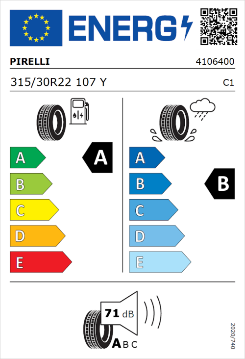 Tyre Label for Pirelli P Zero 315/30R22 107Y
