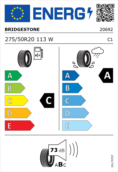 Tyre Label for Bridgestone Potenza Sport 275/50R20 113W