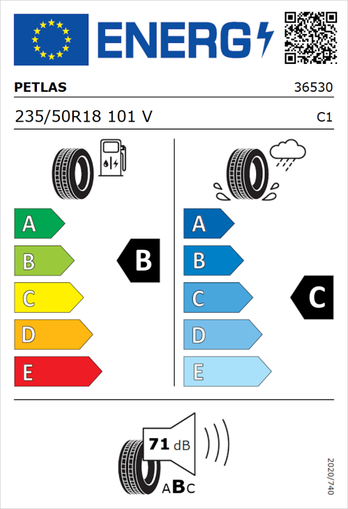 Tyre Label for Petlas Explero PT431 H/T 235/50R18 101V