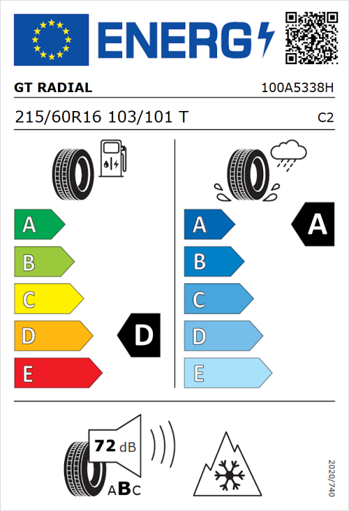 Tyre Label for GT Radial Maxmiler WT3 215/60R16 103/101T