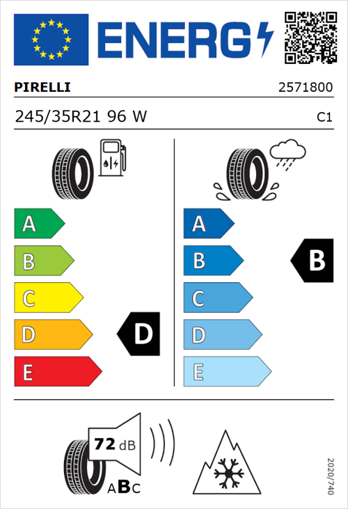 Tyre Label for Pirelli Winter Sottozero 3 245/35R21 96W