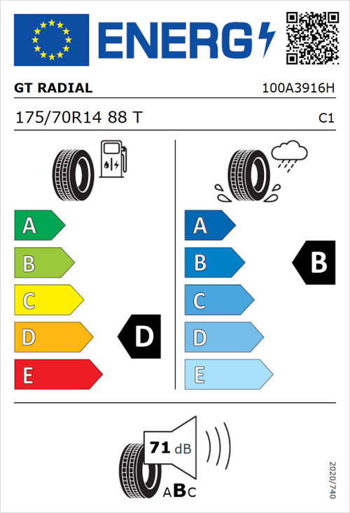 Tyre Label for GT Radial FE1 City 175/70R14 88T