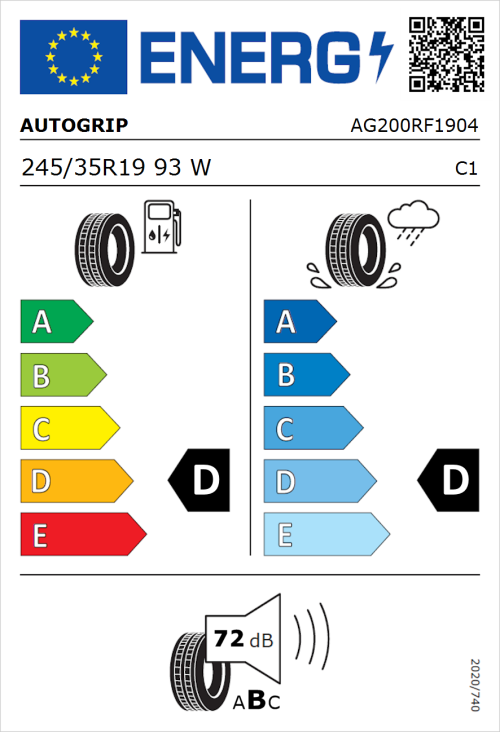 Tyre Label for Autogrip Grip 200 245/35R19 93W