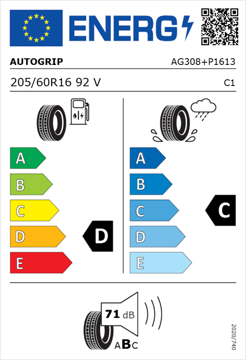 Tyre Label for Autogrip P308 Plus 205/60R16 92V